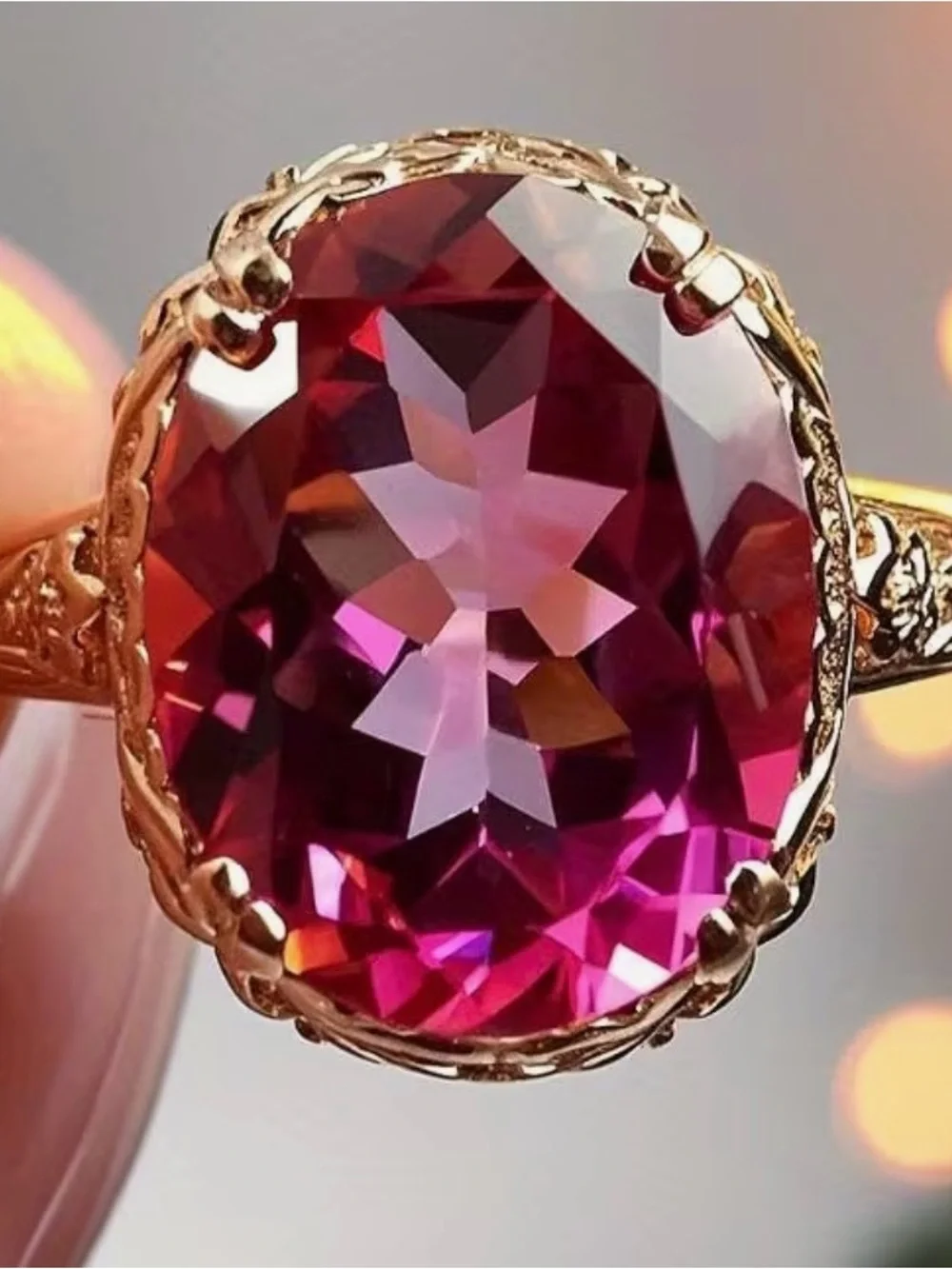 Vintage-Inspired Gold Ring with Deep Pink Faceted Stone. NWOT.